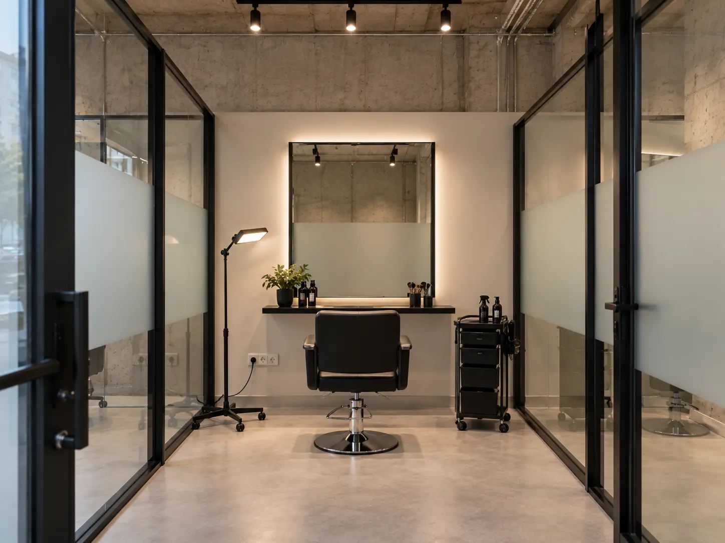 Concept view of a compact HostX hair studio with styling chair, mirror and workstation